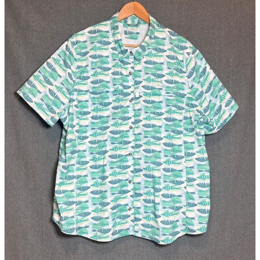 LL Bean Womens 3X Plus Fish Print Fishing Shirt UPF 50 Vented Green Blue 516791